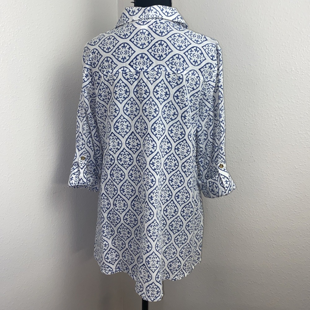 Liza Byrd Tunic Top Women's Small‎ Blue & White Damask Print Beachy Nautical - Picture 4 of 13